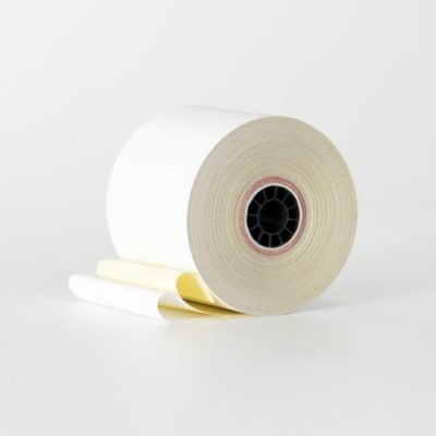 2 1/4″ x 95′ White/Canary 2 Ply Carbonless Paper (50 rolls/case)